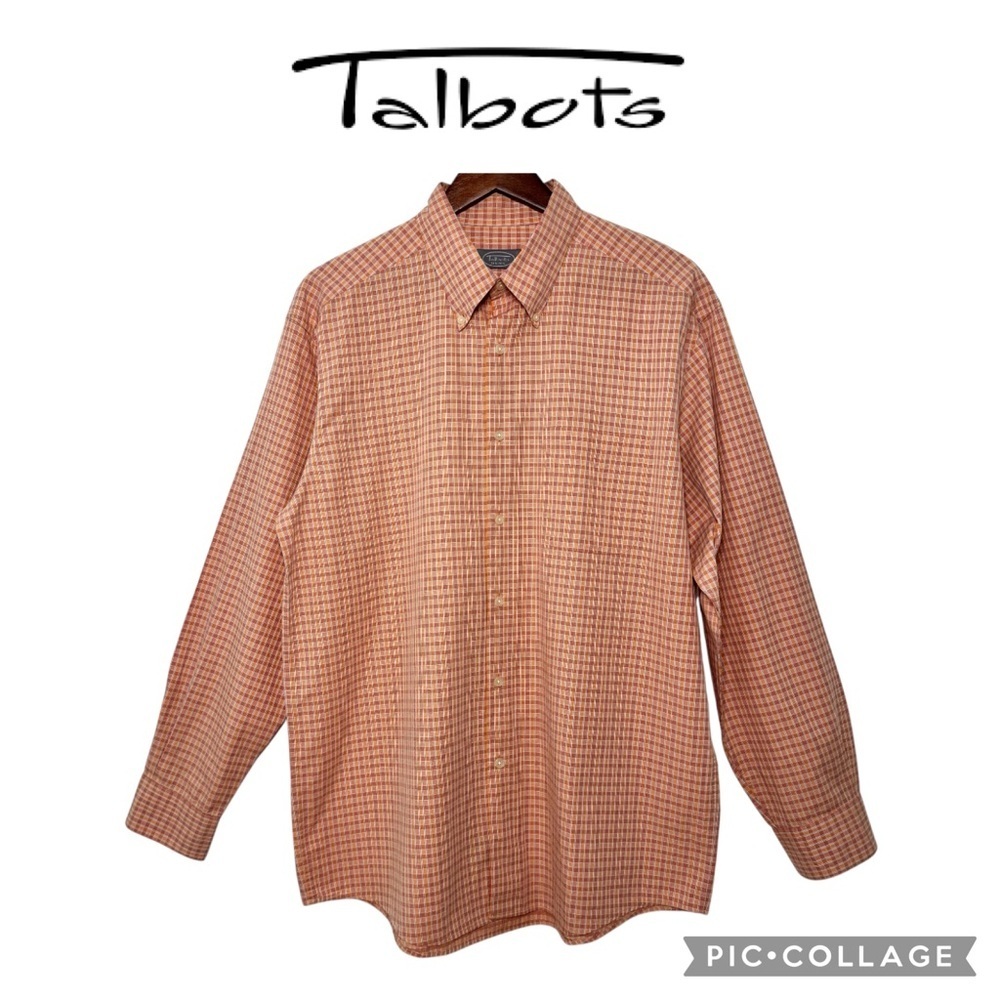 Talbots men orange pink plaid checkered long sleeve shirt size large